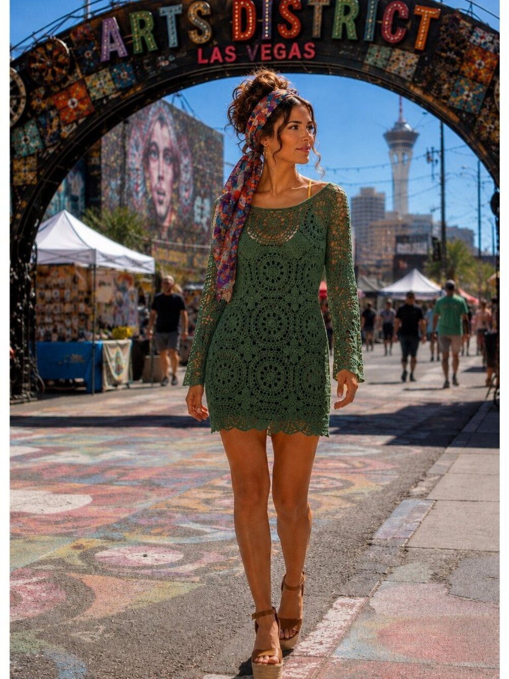 Vintage 90s Clio Crochet Tunic Mini Dress Top S M Green Ramie Cotton EUC